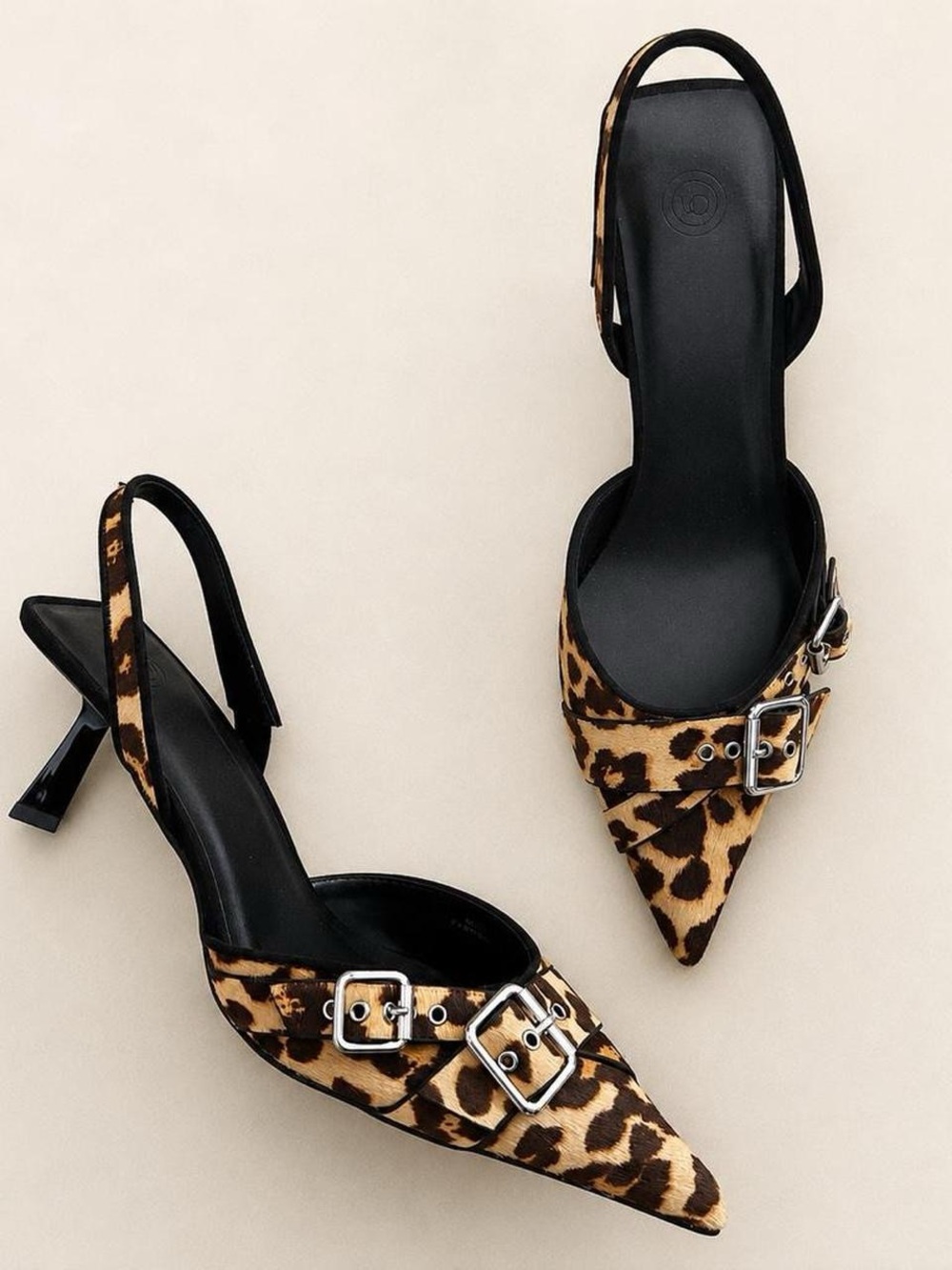 Leopard Print Slingback Pointed Toe Heels with Buckle Detail size 8